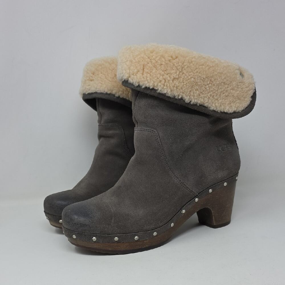 UGG Lynnea Fold Over Brown Leather Shearling Cuff Clog Boot 3204 Size 7